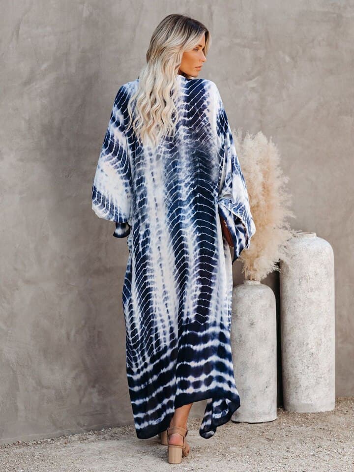 New Bikini Cover Up Tie Dye Printed Swimsuit Cape Bohemian Beach Kimono Dresses Self Belted Bathing Suits