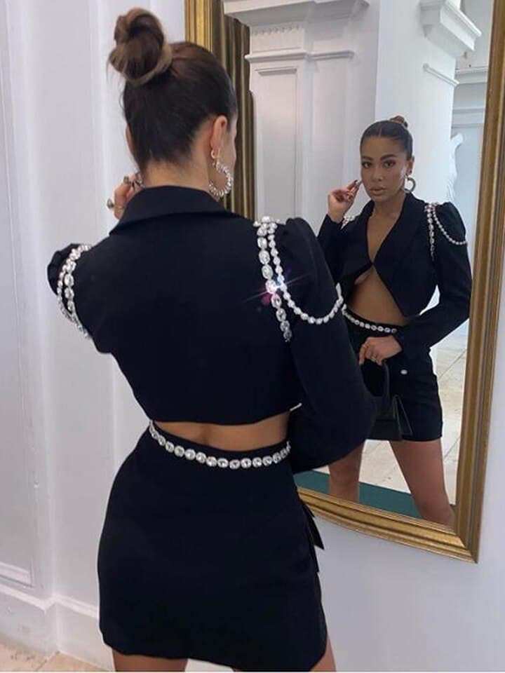 New Autumn Elegant Ol Women Two-Piece Set Diamond Chain Short Blazer Jacket A-Line Mini Skirt Suit Fashion Party Office Sets