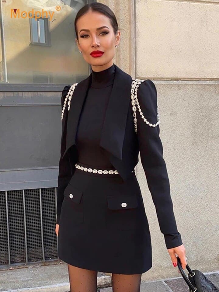 New Autumn Elegant Ol Women Two-Piece Set Diamond Chain Short Blazer Jacket A-Line Mini Skirt Suit Fashion Party Office Sets