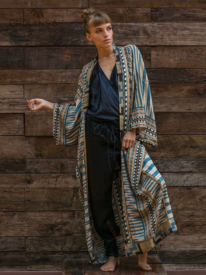 New Women Beach Wear Blue Retro Printed Long Sleeve Self Belted Plus Size Bohemian Kimono Tunic Women Tops and Blouses Shirts Q1228