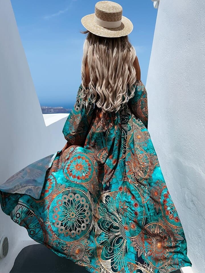 New Women Slash Neck Off Shoulder Beach Dress Vintage Print Waisted Dress Bikini Cover Ups Elegant Backless Long Sleeves Dress Cover Ups