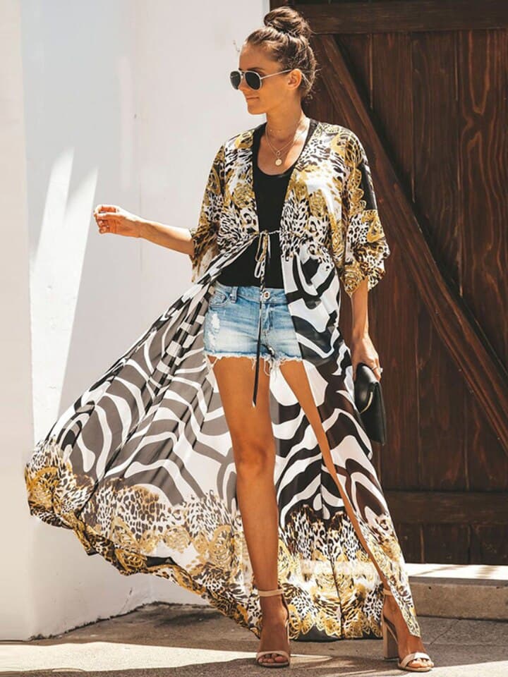 New Bikini Cover Up Chiffon Beach Kimono Women Leopard Printed Long Cape for Swimsuit Tunic Summer Beach Wear