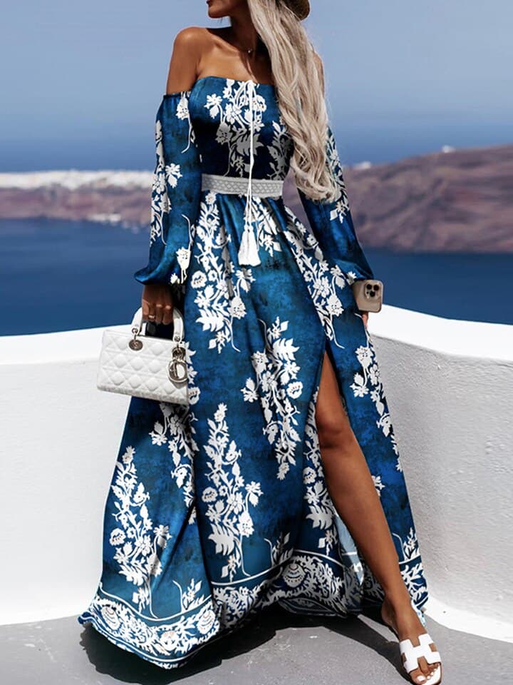 New Women Slash Neck Off Shoulder Beach Dress Vintage Print Waisted Dress Bikini Cover Ups Elegant Backless Long Sleeves Dress Cover Ups