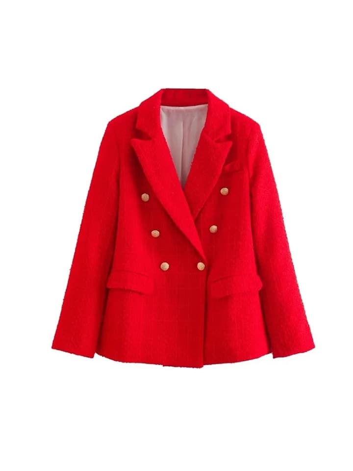 New Beige Tweed Women Blazer Jacket New Office Lady Solid Color Double Breasted Button Up Coat Casual Girls Streetwear