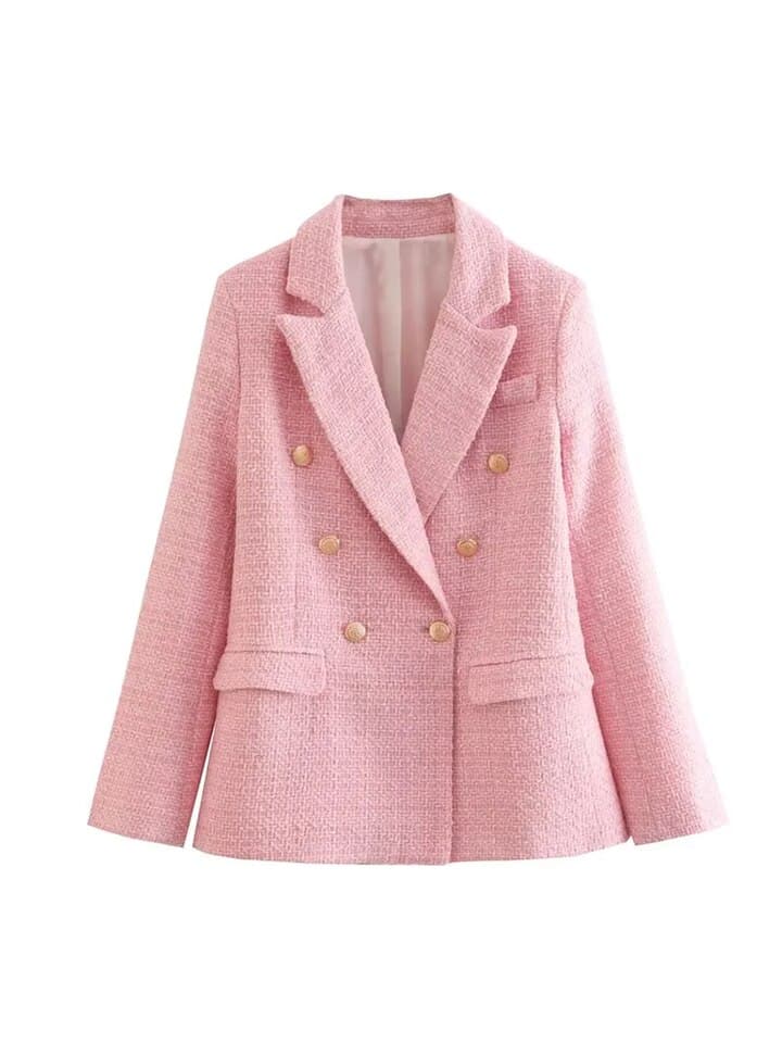 New Beige Tweed Women Blazer Jacket New Office Lady Solid Color Double Breasted Button Up Coat Casual Girls Streetwear