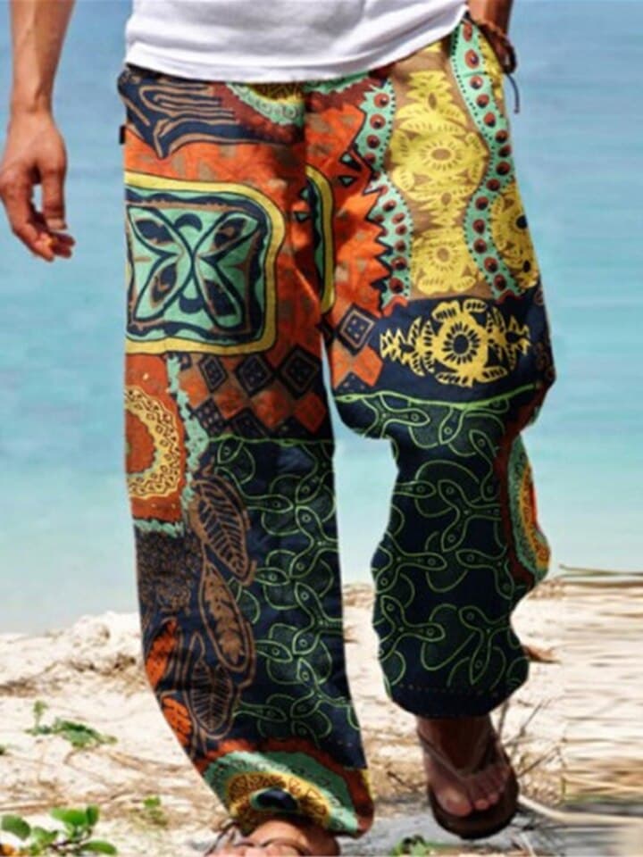 New Summer Men Baggy Pants Casual Printed Design Wide Leg Trousers Retro Vintage Beach Hawaiian Plus Size Loose Pants Man Streetwear