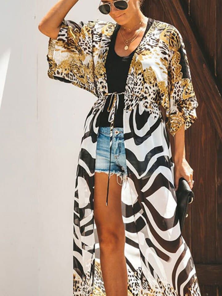 New Bikini Cover Up Chiffon Beach Kimono Women Leopard Printed Long Cape for Swimsuit Tunic Summer Beach Wear