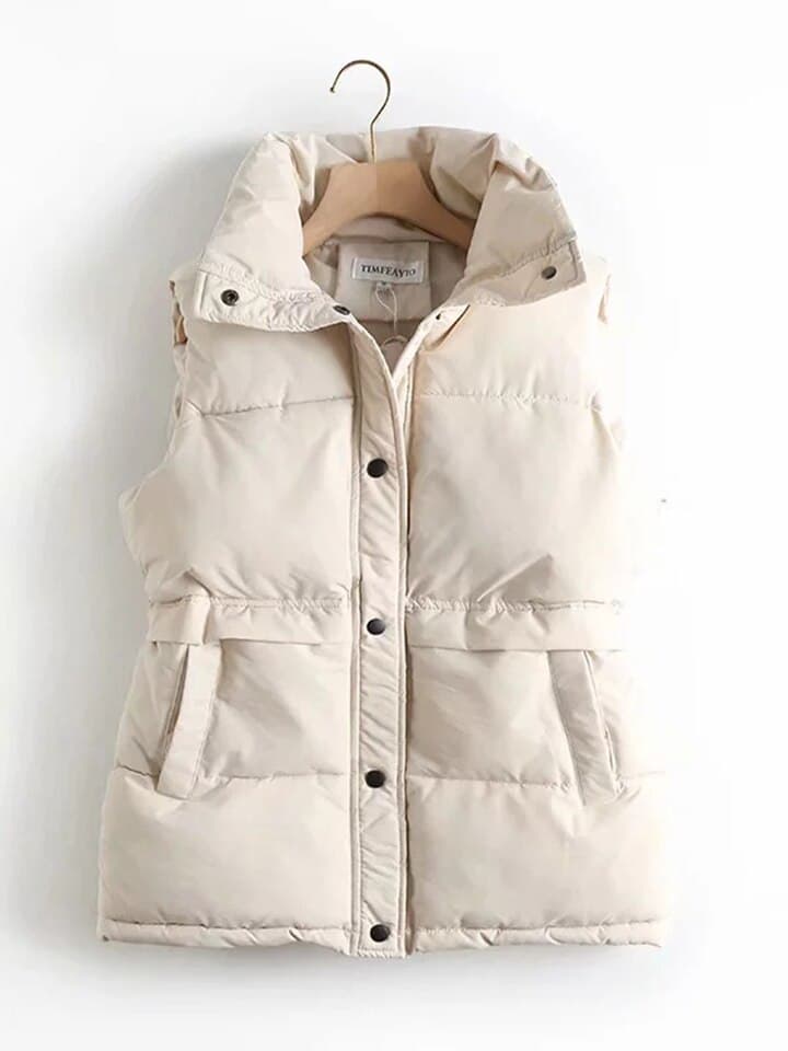 New Autumn Winter Women Solid Loose Vest Drawstring Stand Collar Long Vest Jacket Cotton Padded Women Windproof Warm Waistcoat