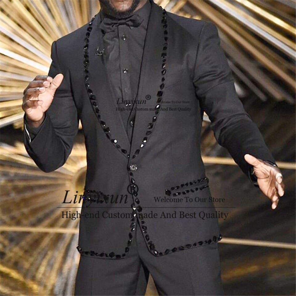 New Men Luxury Beaded Black Suits Wedding Groom Tuxedo Formal Occasion Rhinestone Slim Blazer 2 Piece Terno Masculino Jacket+Pants