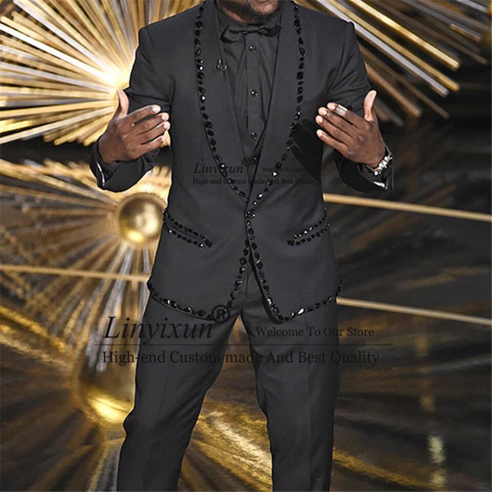 New Men Luxury Beaded Black Suits Wedding Groom Tuxedo Formal Occasion Rhinestone Slim Blazer 2 Piece Terno Masculino Jacket+Pants