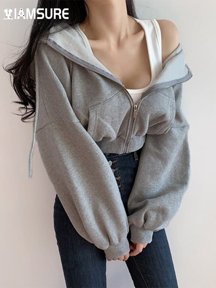 New Short Hoodies Women Solid Sweatshirt Tracksuit Long Sleeve Female Crop Top Fashion Korean Clothing Harajuku
