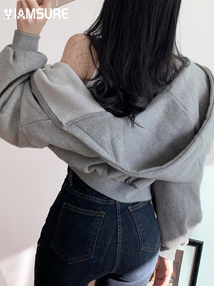 New Short Hoodies Women Solid Sweatshirt Tracksuit Long Sleeve Female Crop Top Fashion Korean Clothing Harajuku