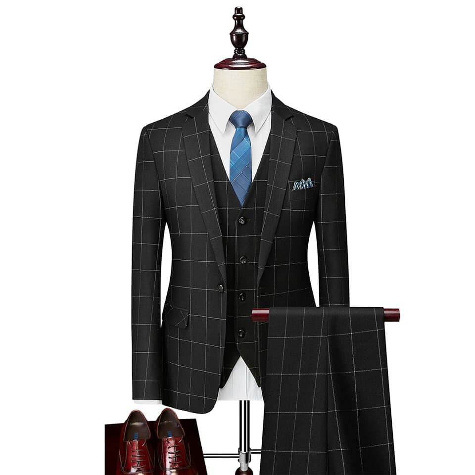 New Men Blazer and Vest and Pants Boutique Fashion Plaid Retro Business Mens Suit Groom Wedding Show Party Show Prom Brand